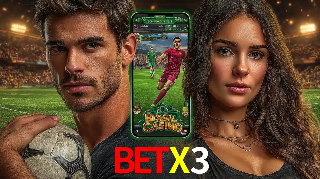 Homem segurando uma bola de futebol e uma mulher ao lado de um smartphone exibindo o jogo de apostas esportivas da BETX3. Faça seu palpite no cassino online.